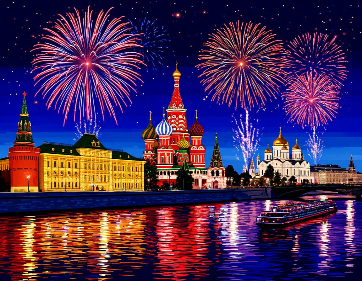 пиксельное мультяшное изображение фейерверка над Красной площадью в Москве